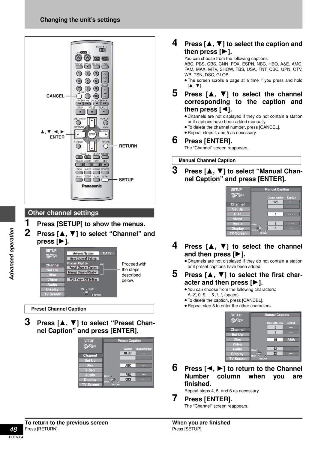 Panasonic DMR-E80H operating instructions Other channel settings, Press 3, 4 to select the caption and then press 