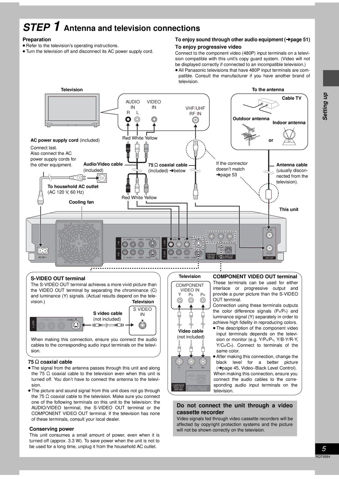 Panasonic DMR-E80H Antenna and television connections, Do not connect the unit through a video cassette recorder 