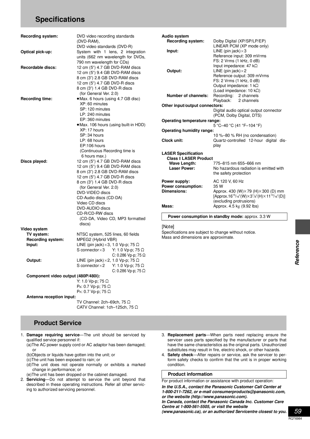 Panasonic DMR-E80H operating instructions Specifications, Product Service, Product information 