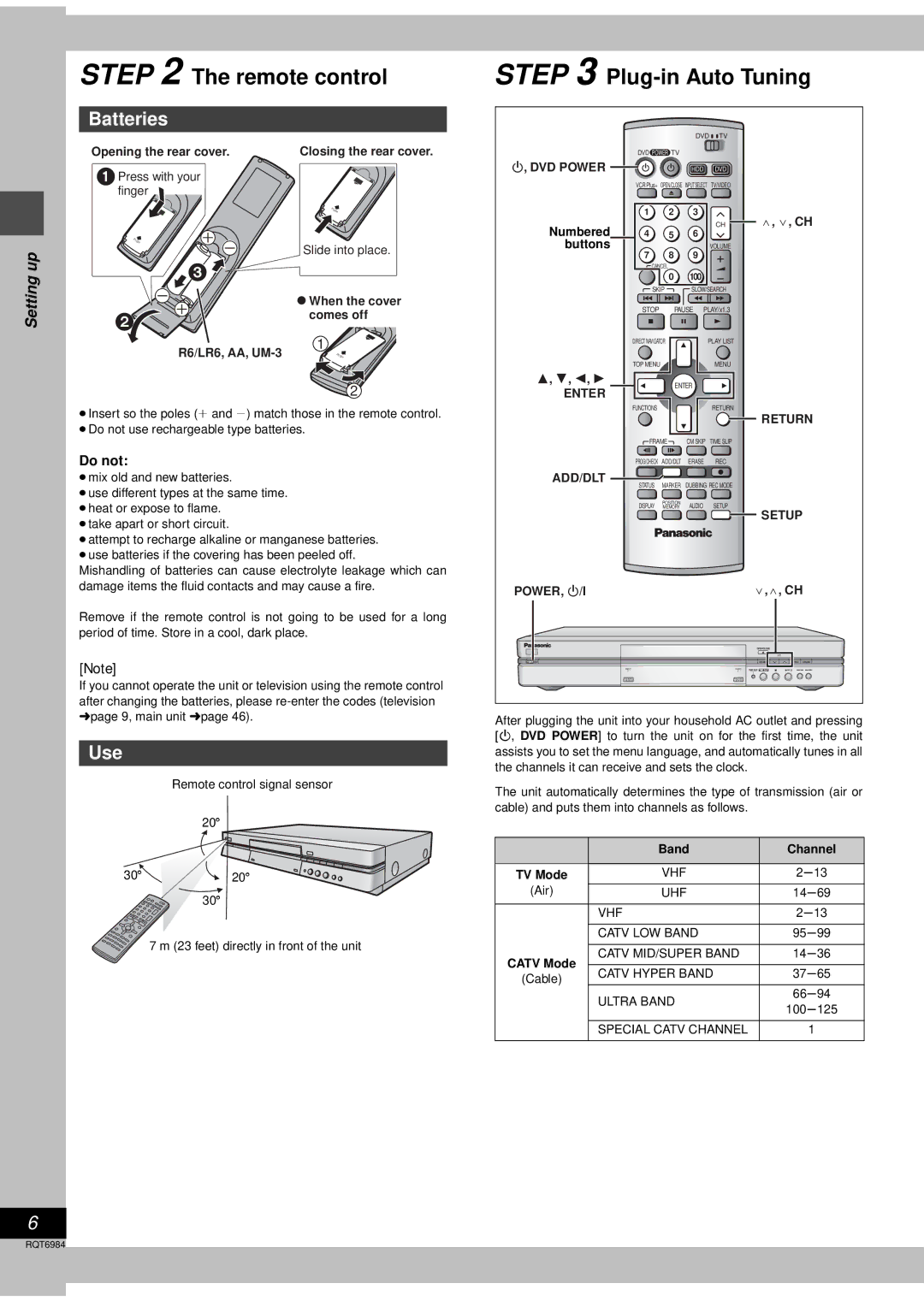 Panasonic DMR-E80H operating instructions Remote control, Batteries, Use, Do not 