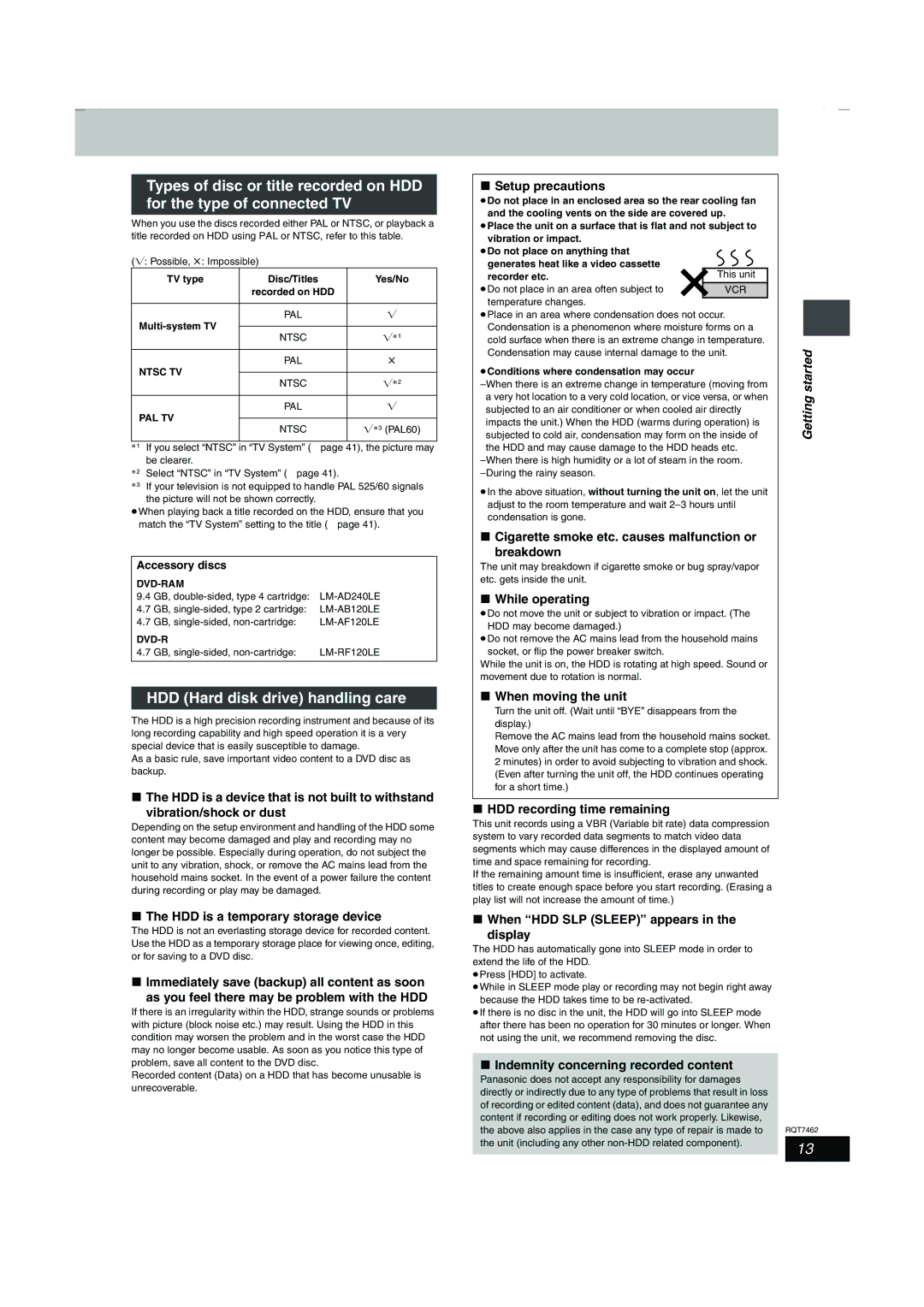 Panasonic DMR-E85H manual HDD Hard disk drive handling care, Getting 