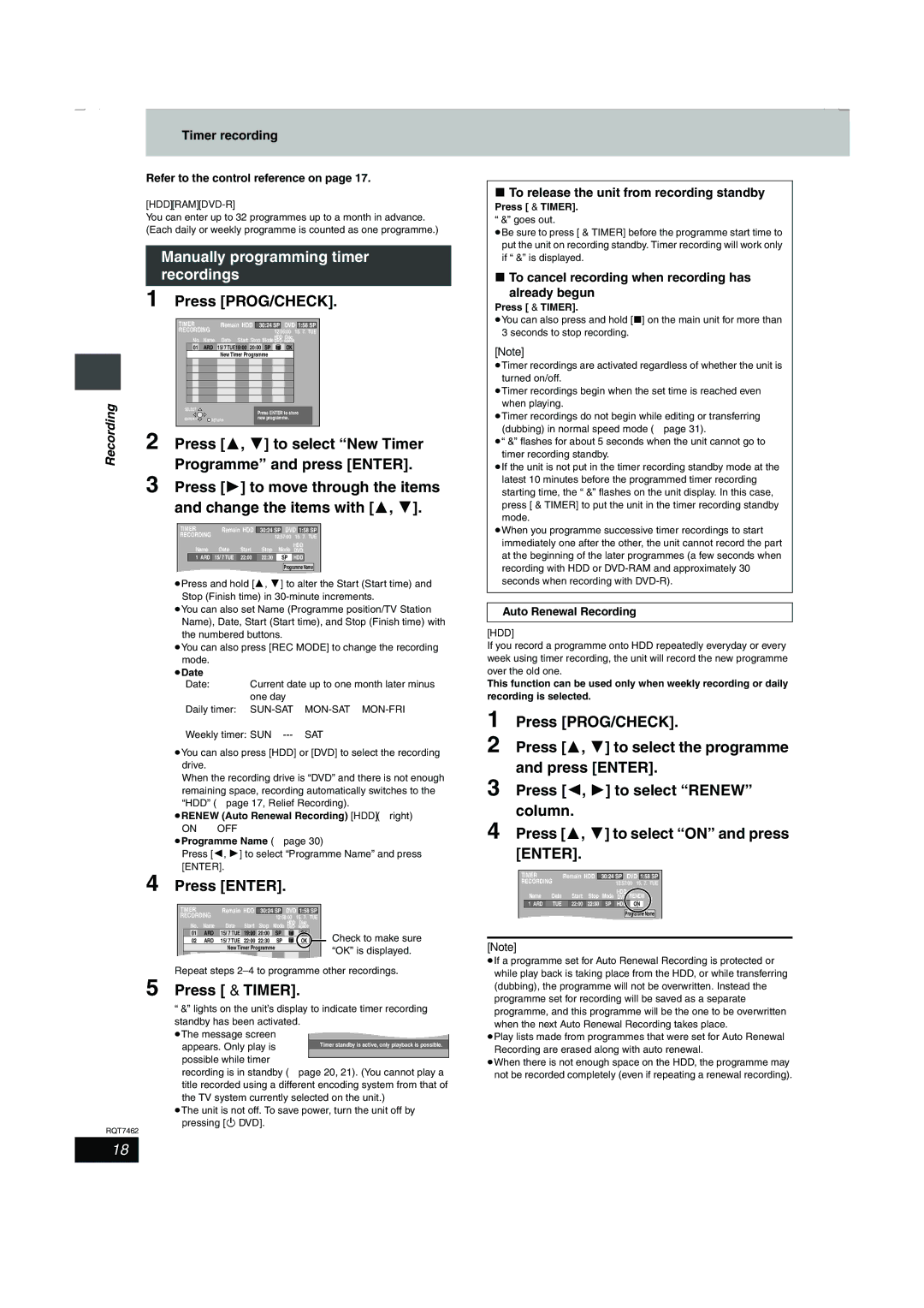 Panasonic DMR-E85H manual Manually programming timer recordings, Press PROG/CHECK, Press 3, 4 to select New Timer 