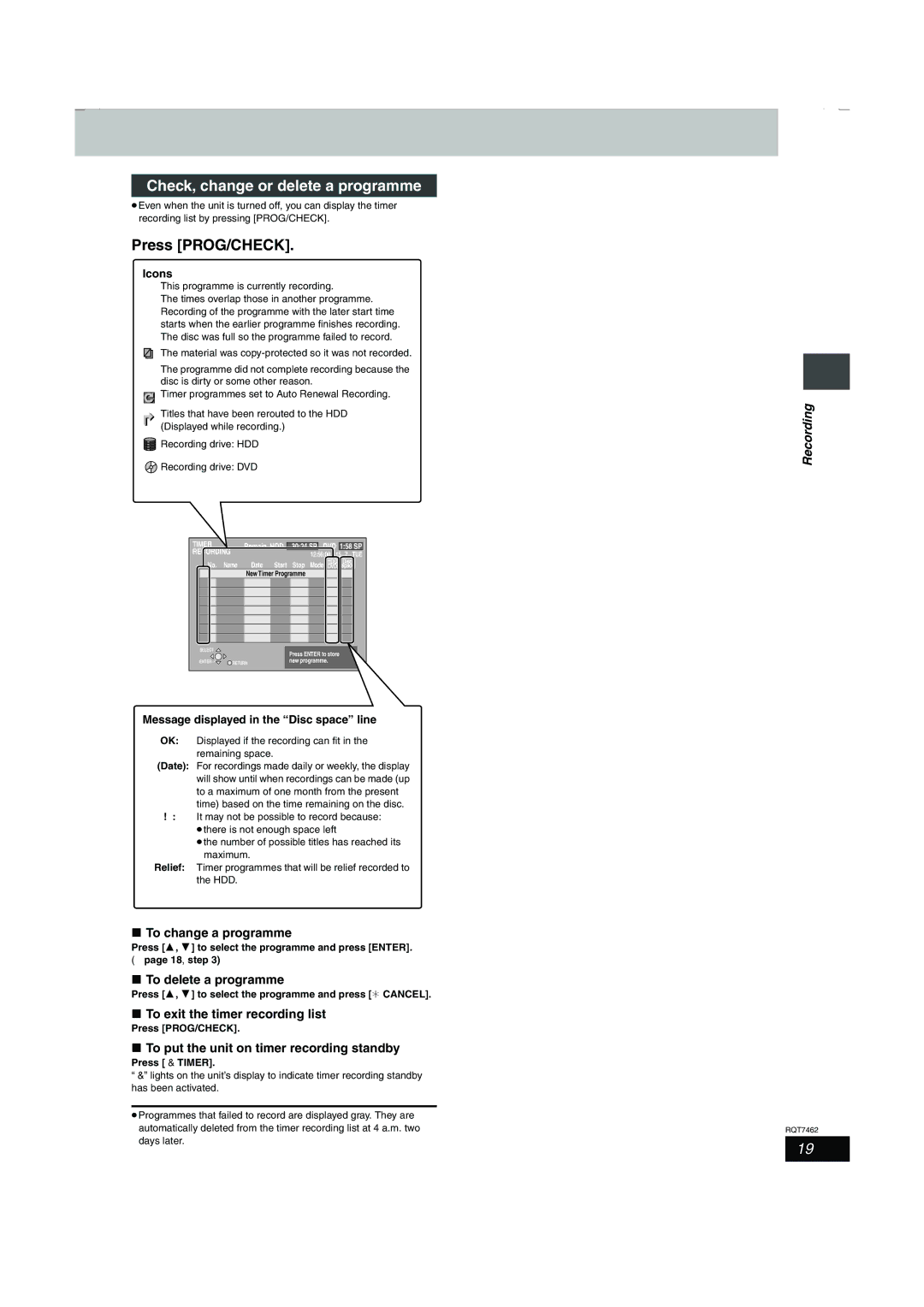 Panasonic DMR-E85H manual Check, change or delete a programme, To change a programme, To delete a programme 