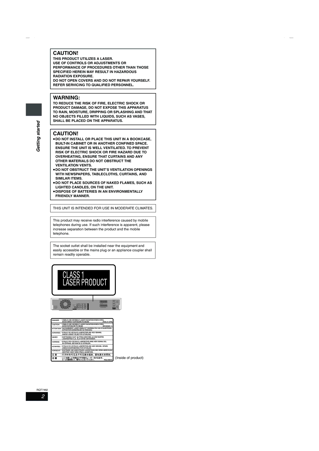 Panasonic DMR-E85H manual Getting started, This Unit is Intended for USE in Moderate Climates 