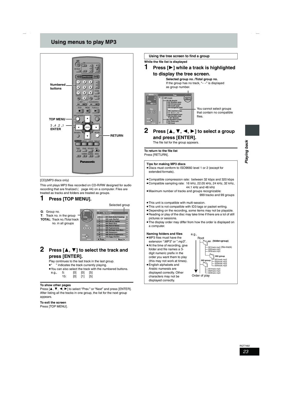 Panasonic DMR-E85H manual Using menus to play MP3, Press 3, 4, 2, 1 to select a group, Press TOP Menu 