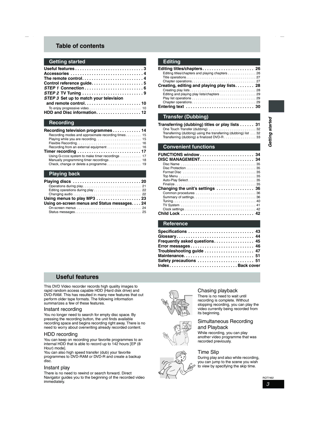 Panasonic DMR-E85H manual Table of contents, Useful features 