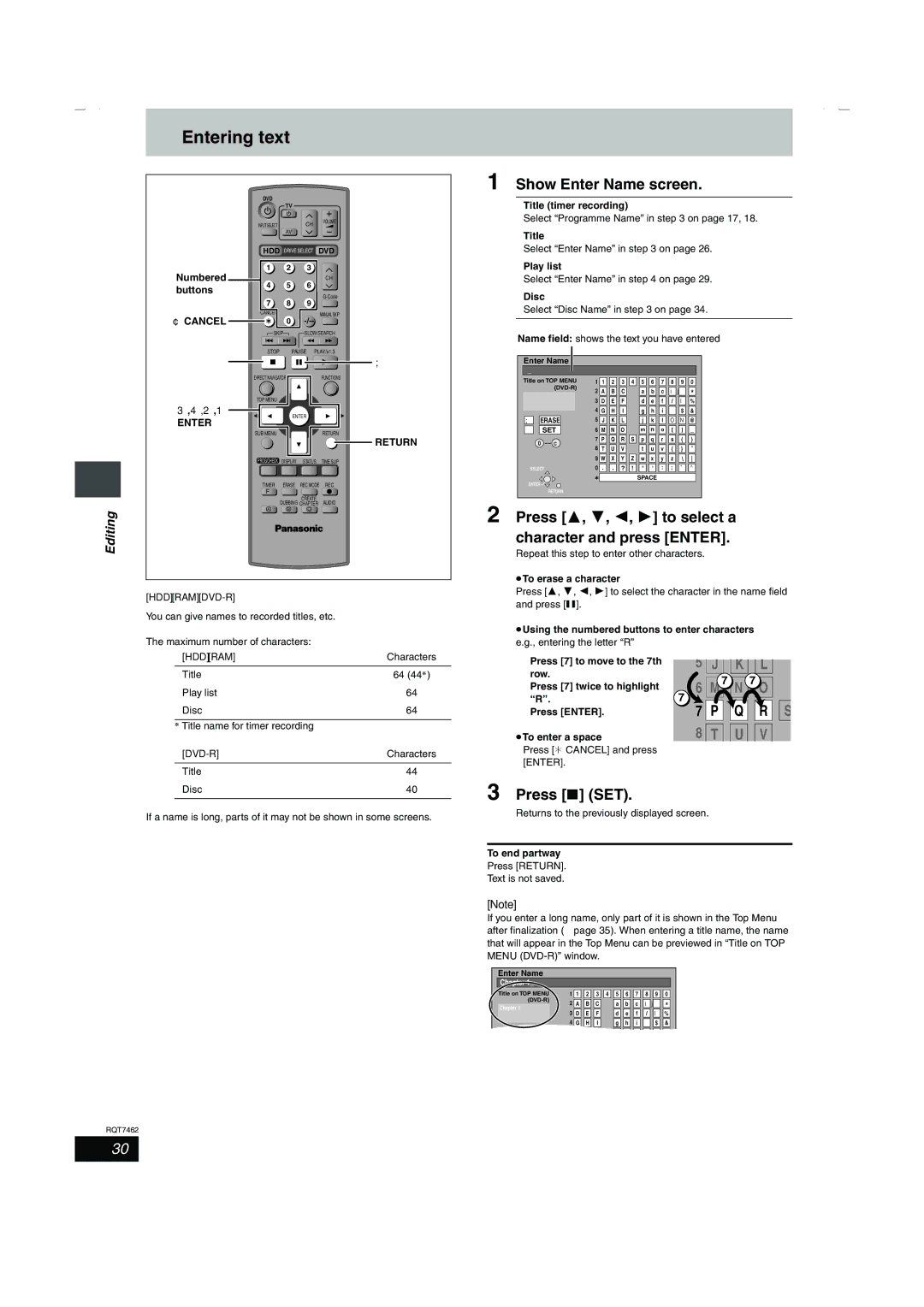 Panasonic DMR-E85H manual Entering text, Show Enter Name screen, Press 3, 4, 2, 1 to select a, Character and press Enter 