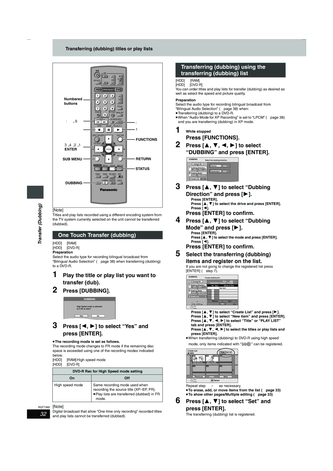 Panasonic DMR-E85H manual One Touch Transfer dubbing, Press Dubbing, Press Enter to confirm 