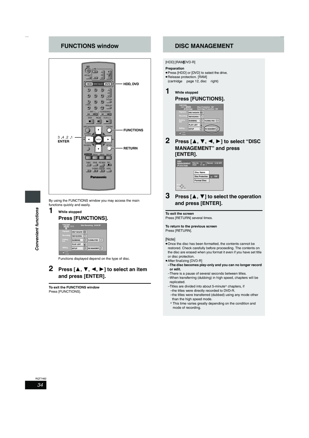 Panasonic DMR-E85H manual Functions window, Press 3, 4, 2, 1 to select an item and press Enter 