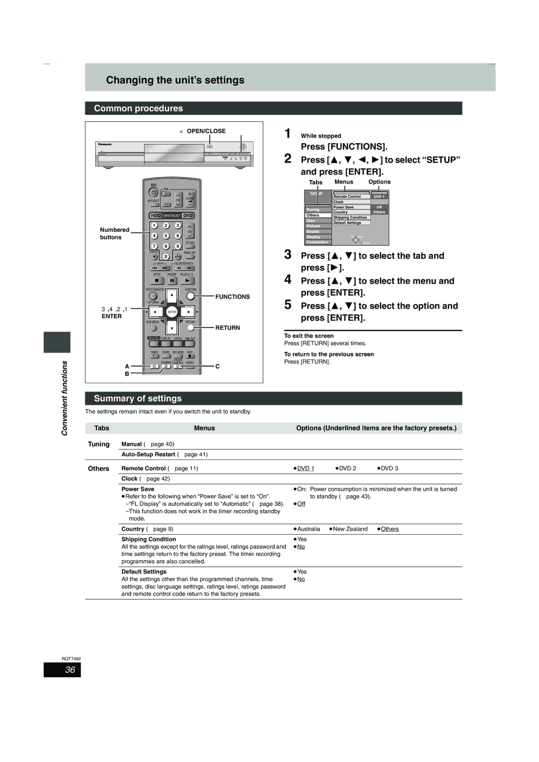 Panasonic DMR-E85H manual Changing the unit’s settings, Common procedures, Summary of settings, Functions, Convenient 