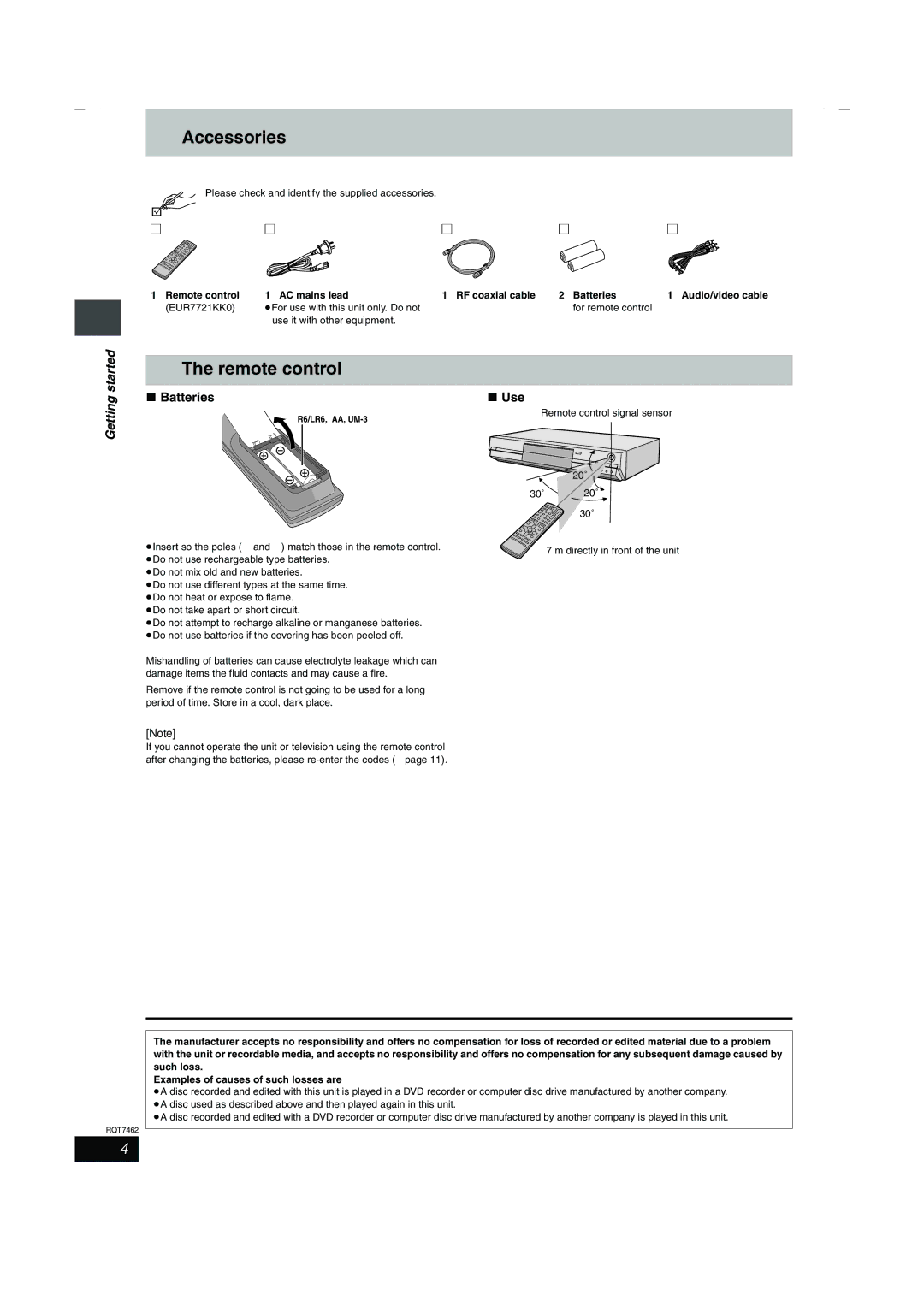 Panasonic DMR-E85H manual Accessories, Getting Batteries, Use, Please check and identify the supplied accessories 