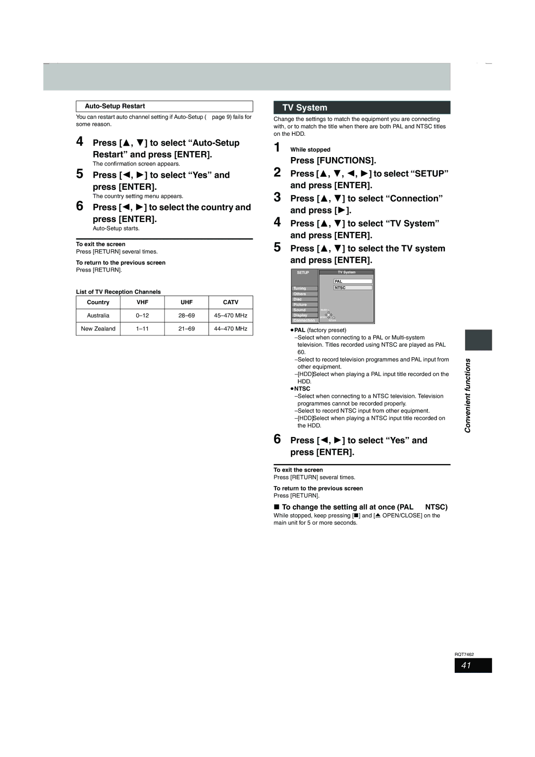 Panasonic DMR-E85H manual Press 3, 4 to select Auto-Setup Restart and press Enter, Press 2, 1 to select Yes and press Enter 