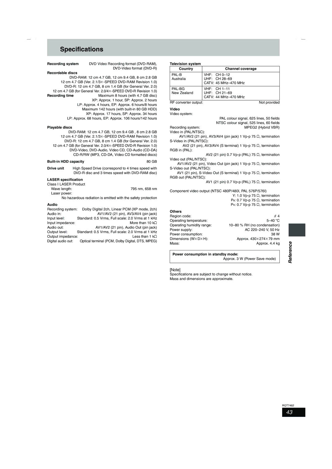 Panasonic DMR-E85H manual Specifications, Reference 