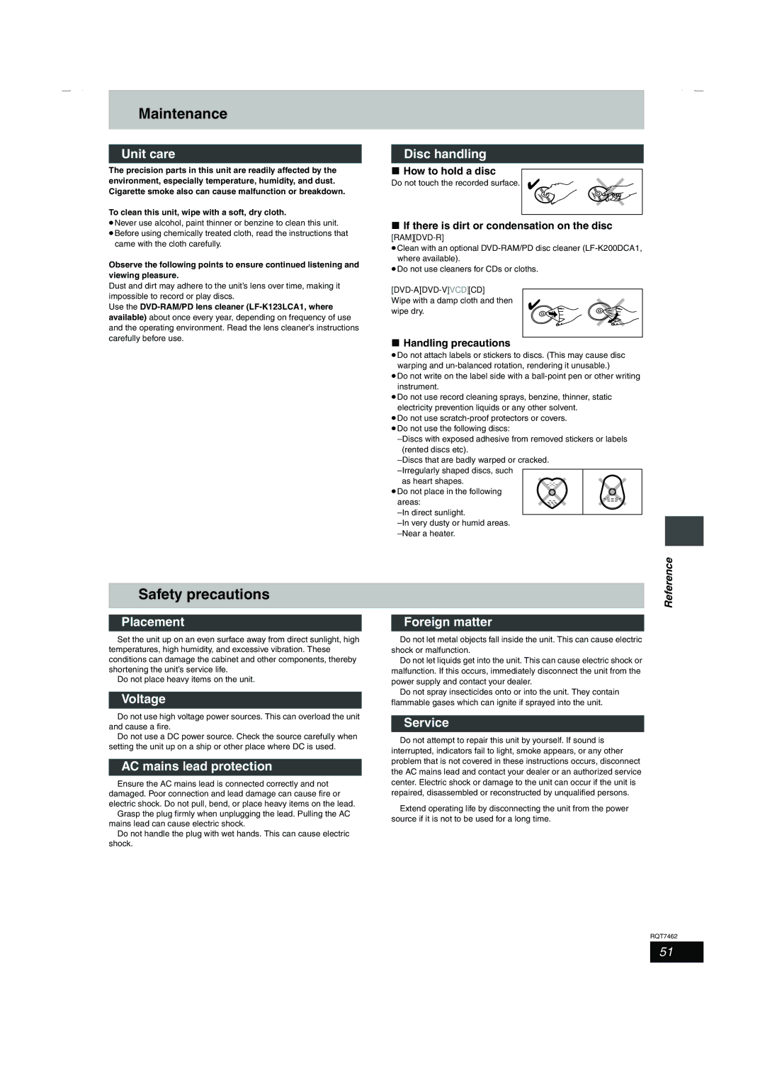 Panasonic DMR-E85H manual Maintenance, Safety precautions 