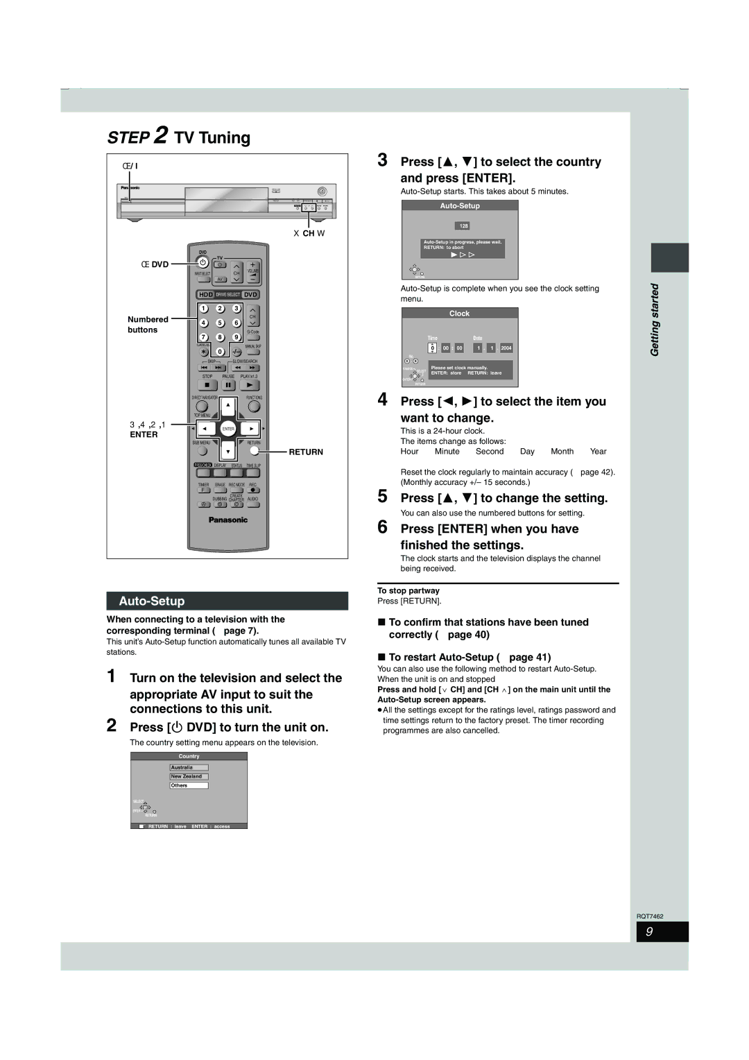 Panasonic DMR-E85H manual Auto-Setup, Press 3, 4 to select the country and press Enter, Press 3, 4 to change the setting 