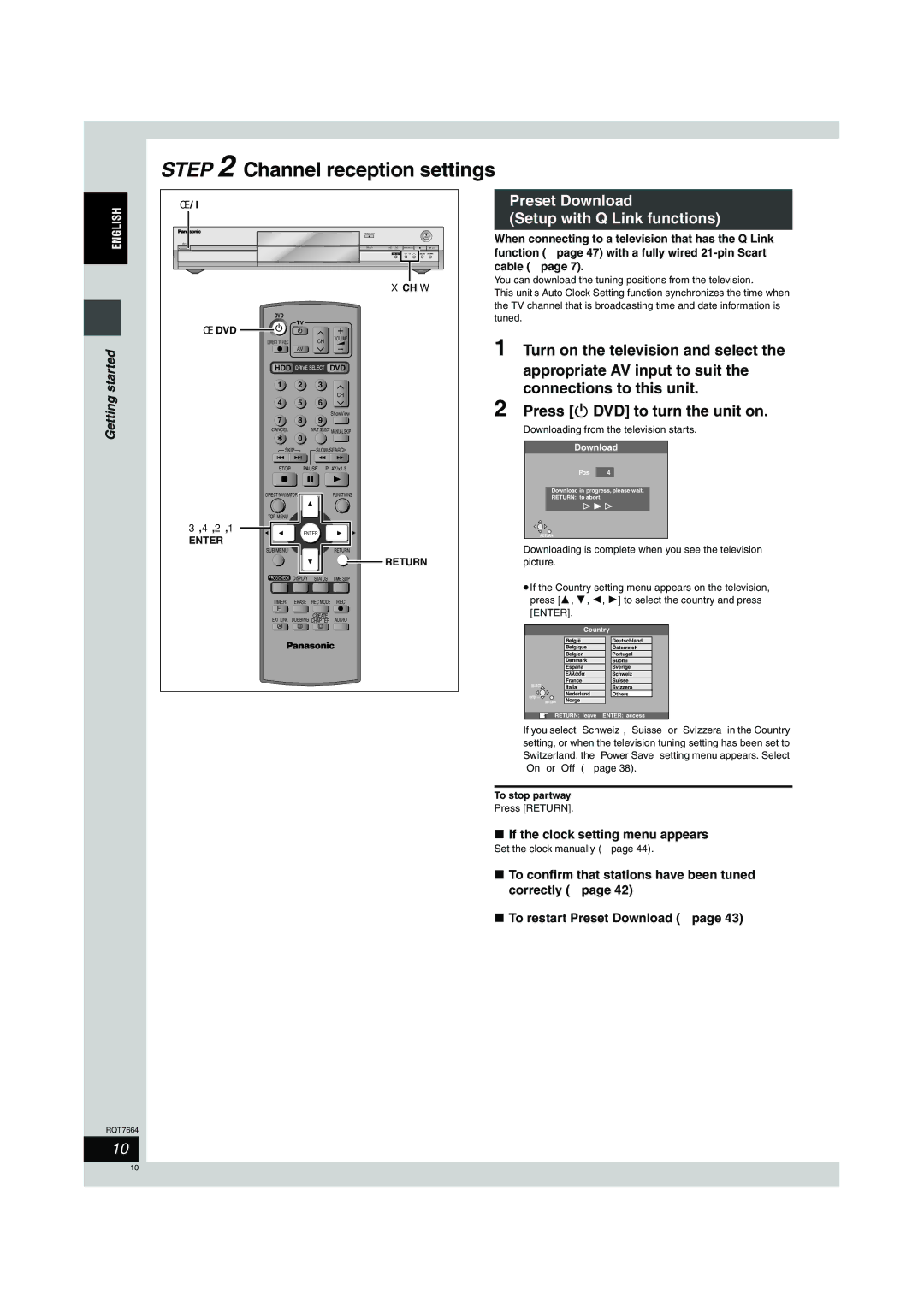 Panasonic DMR-E85H Preset Download Setup with Q Link functions, If the clock setting menu appears, Enter, Return 