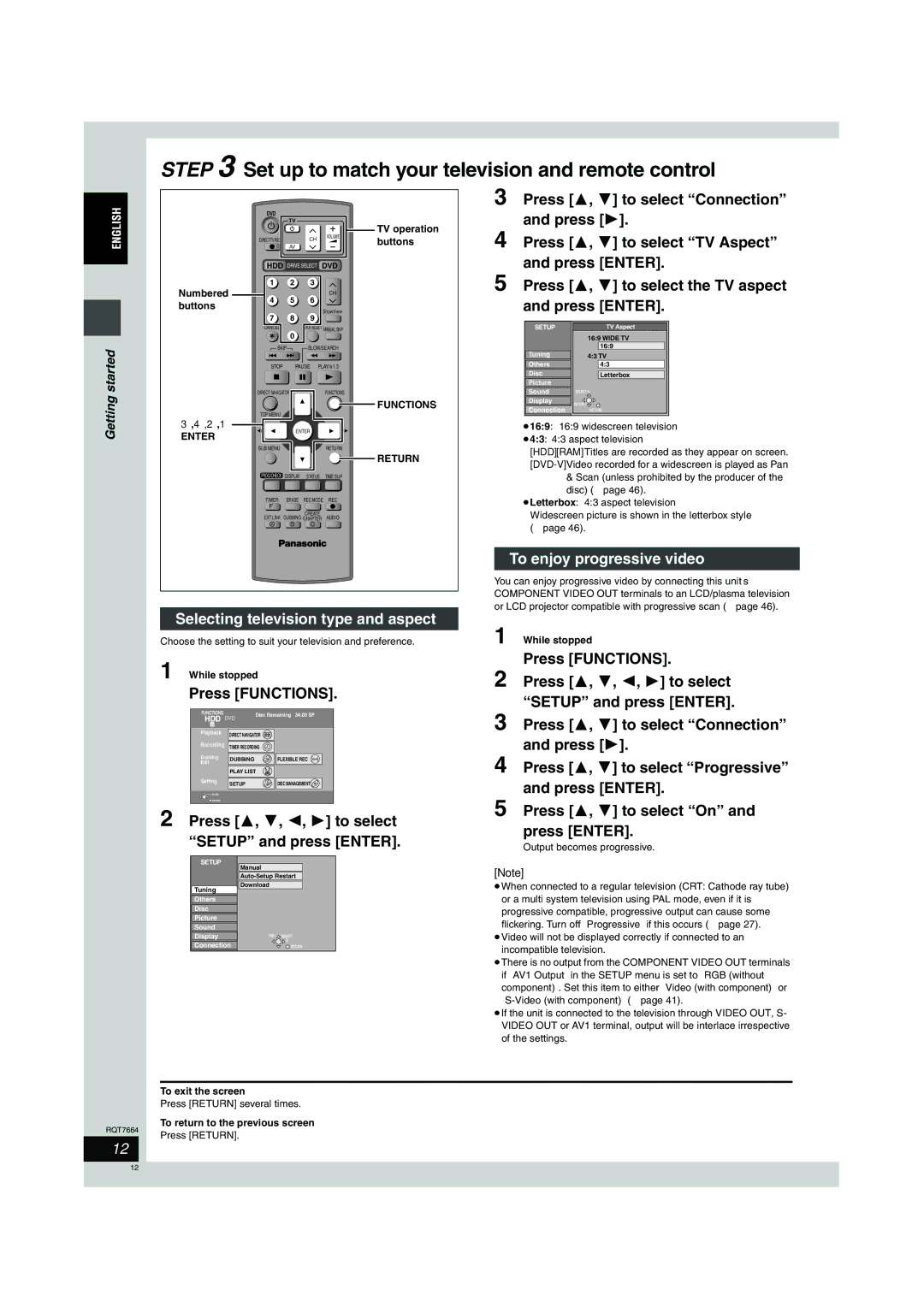 Panasonic DMR-E85H Selecting television type and aspect, Press Functions, Press 3, 4, 2, 1 to select Setup and press Enter 