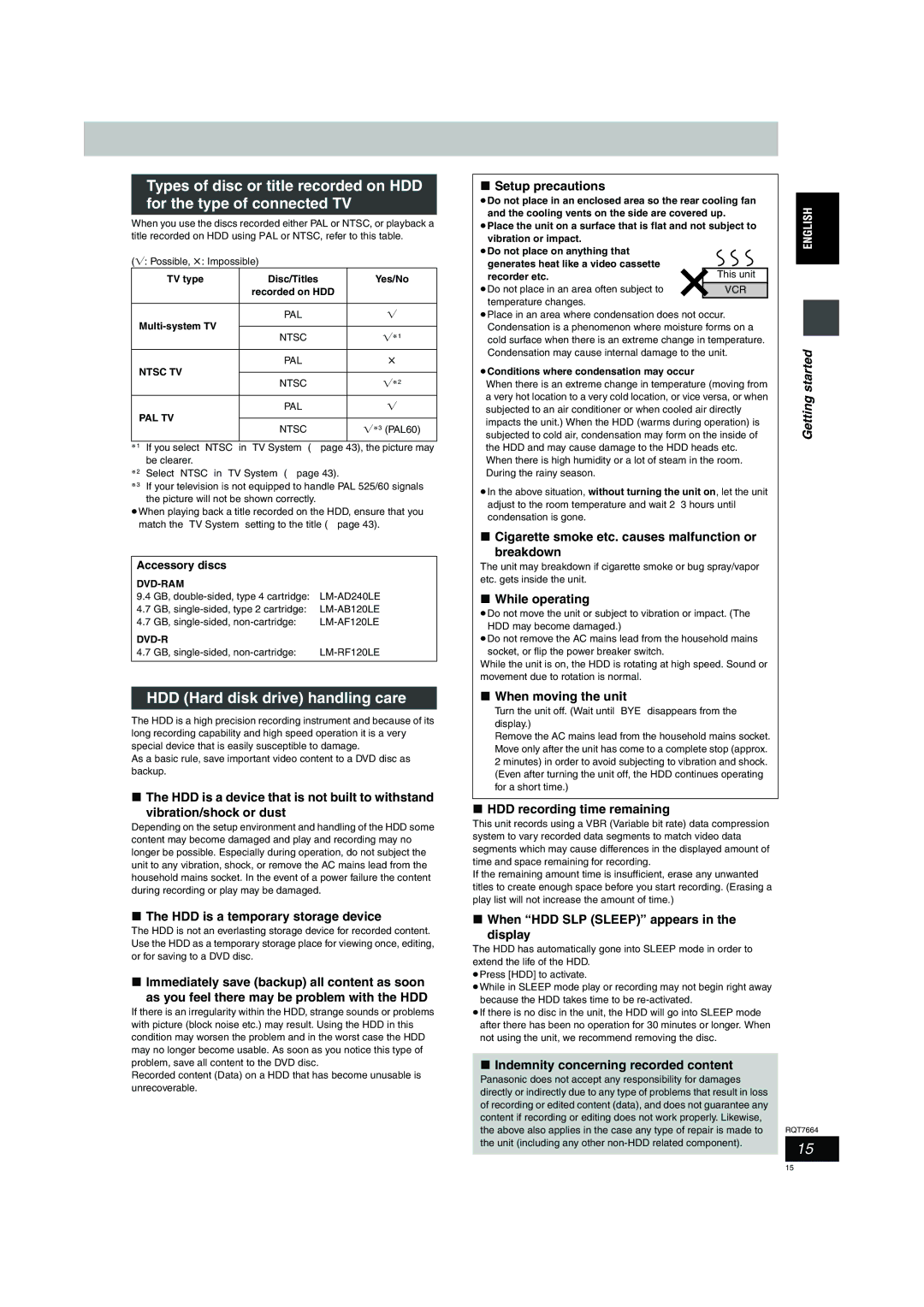 Panasonic DMR-E85H operating instructions HDD Hard disk drive handling care, Getting 