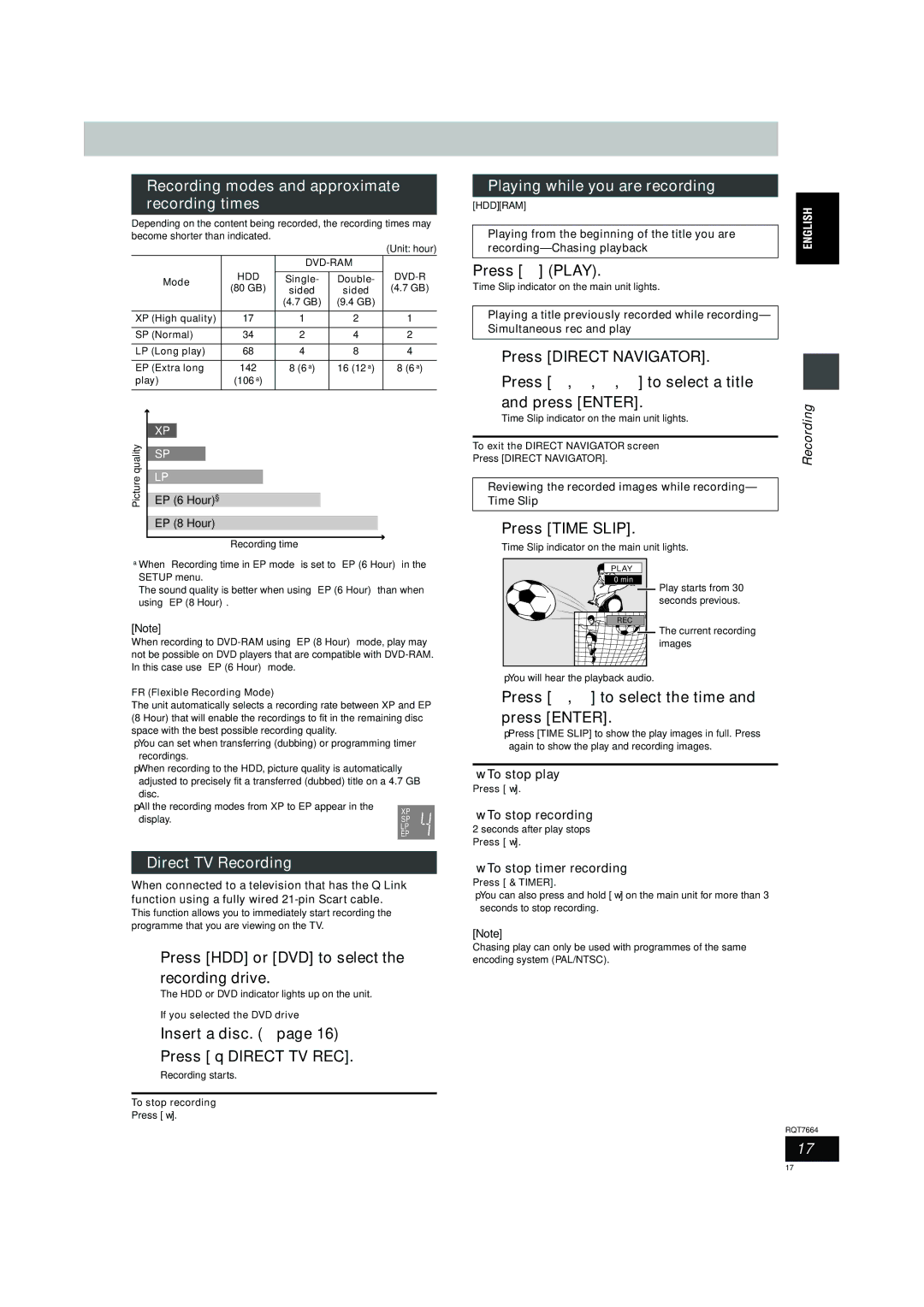 Panasonic DMR-E85H Recording modes and approximate recording times, Playing while you are recording, Direct TV Recording 