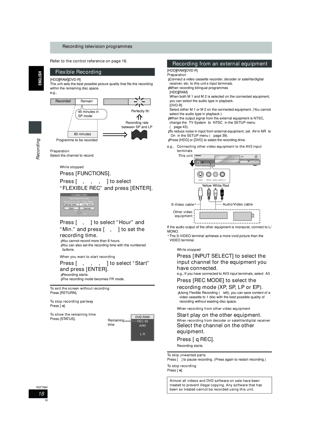 Panasonic DMR-E85H operating instructions Flexible Recording, Recording from an external equipment 