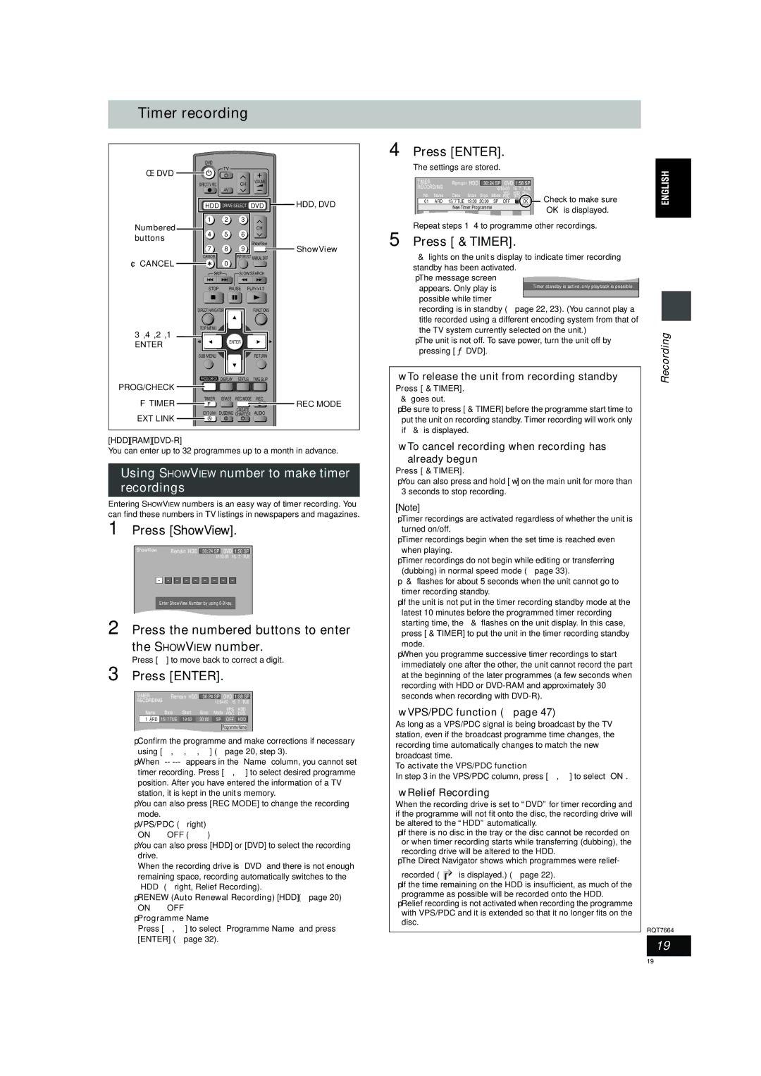 Panasonic DMR-E85H Timer recording, Using Showview number to make timer recordings, Press ShowView, Press F Timer 