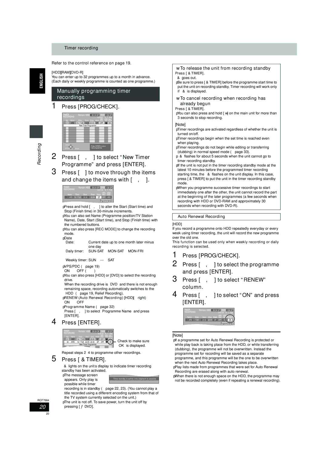 Panasonic DMR-E85H Manually programming timer recordings, Press PROG/CHECK, Press 3, 4 to select New Timer 