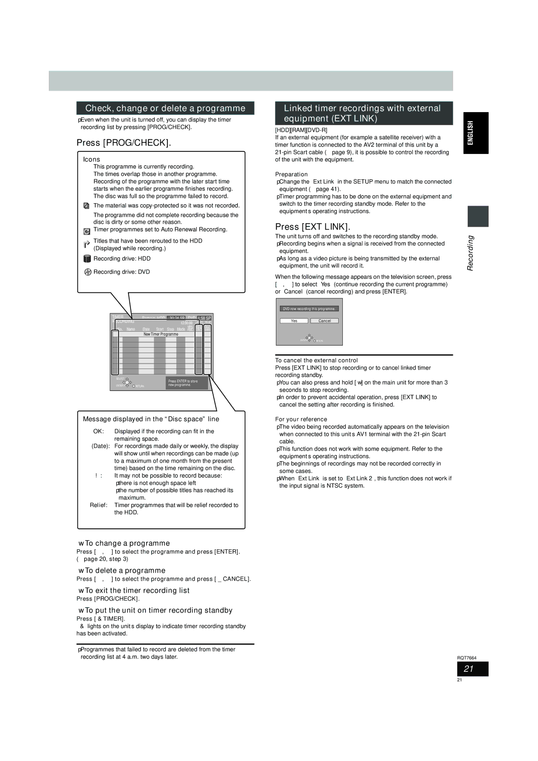 Panasonic DMR-E85H Check, change or delete a programme, Linked timer recordings with external equipment EXT Link 