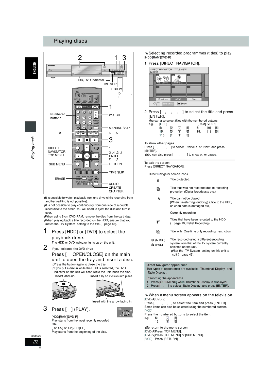 Panasonic DMR-E85H operating instructions Playing discs, Back 