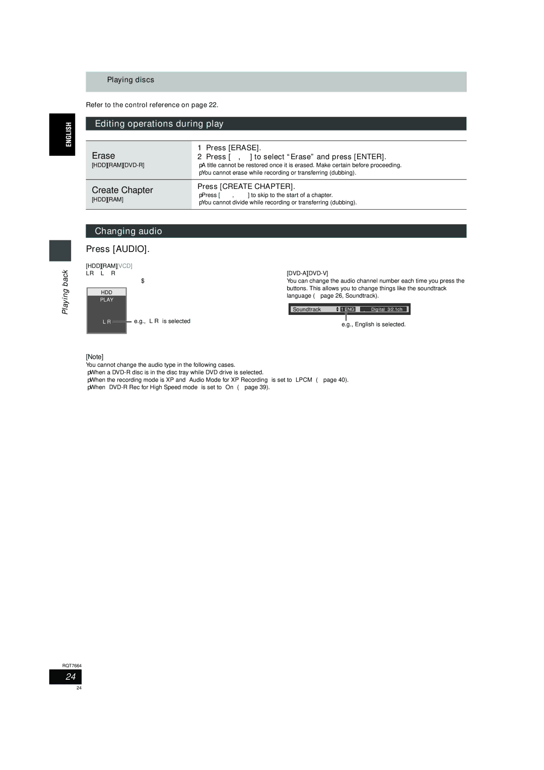 Panasonic DMR-E85H operating instructions Editing operations during play, Changing audio, Press Audio, Press Create Chapter 