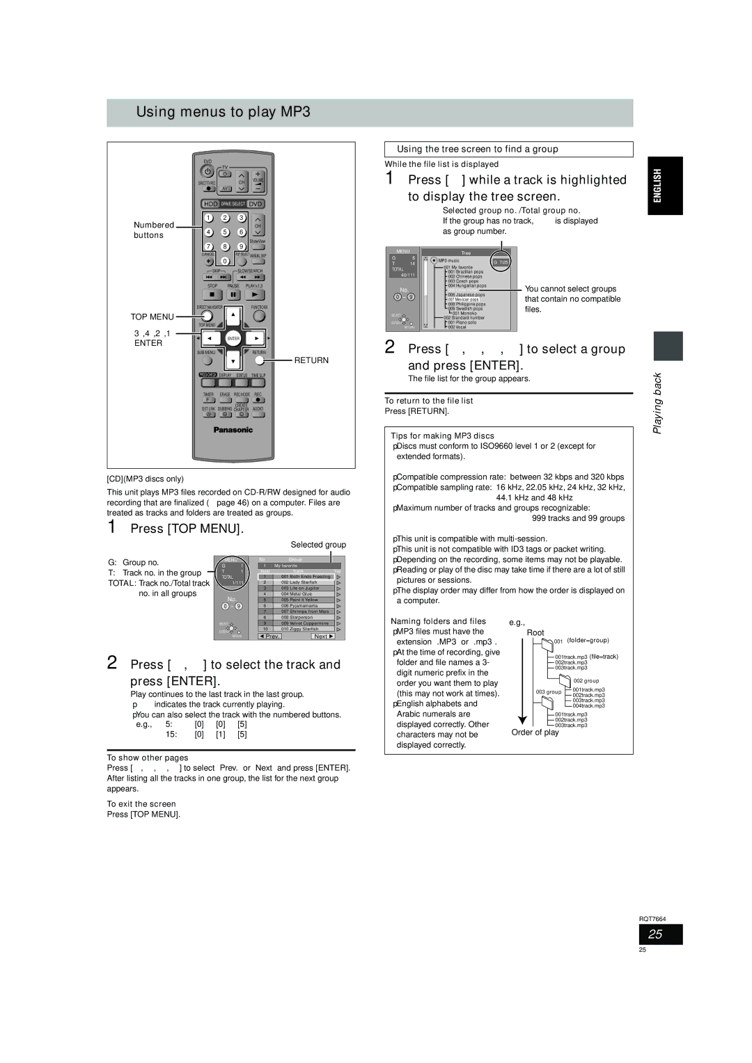 Panasonic DMR-E85H operating instructions Using menus to play MP3, Press 3, 4, 2, 1 to select a group, Press TOP Menu 