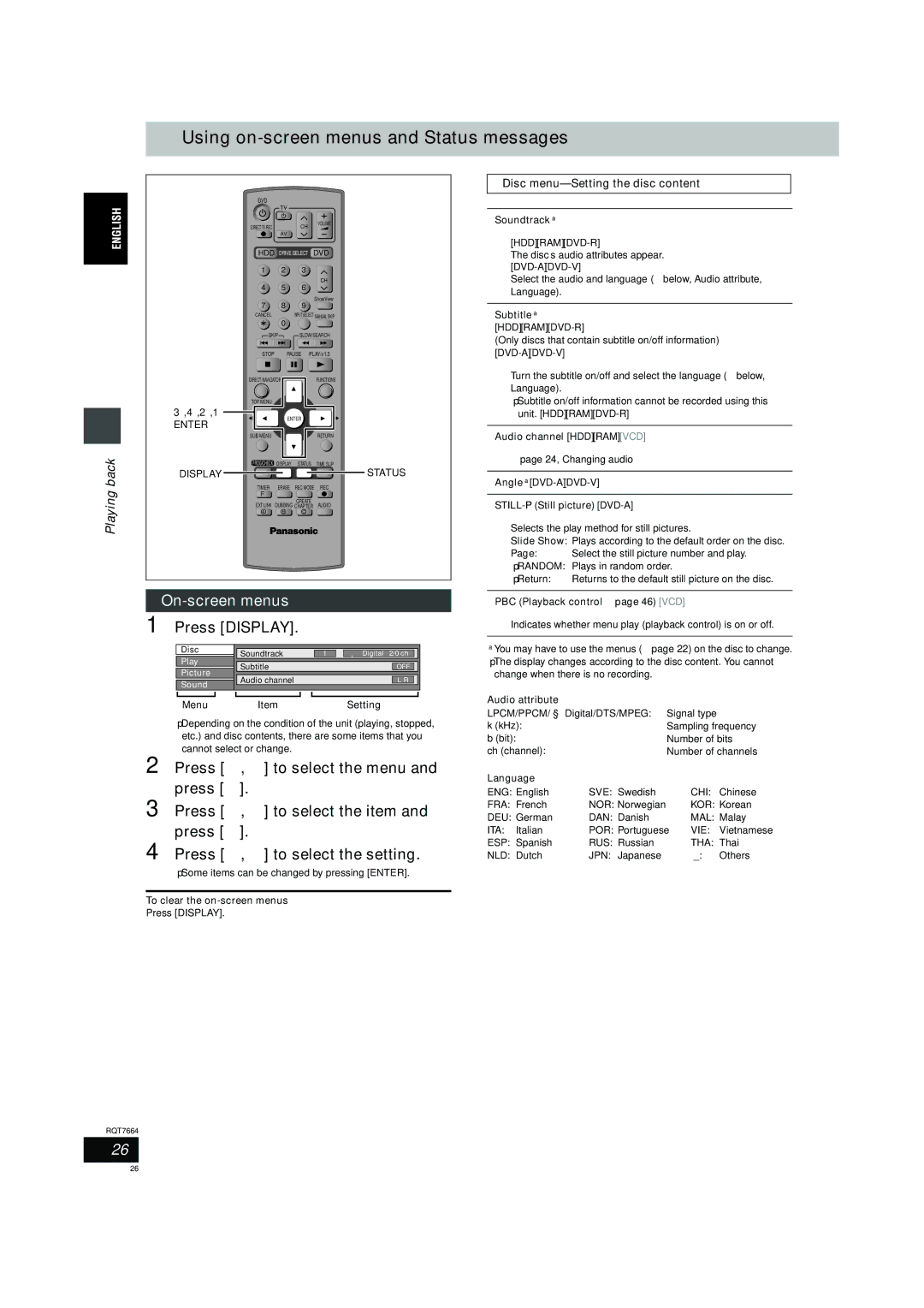 Panasonic DMR-E85H operating instructions Using on-screen menus and Status messages, On-screen menus, Press Display 