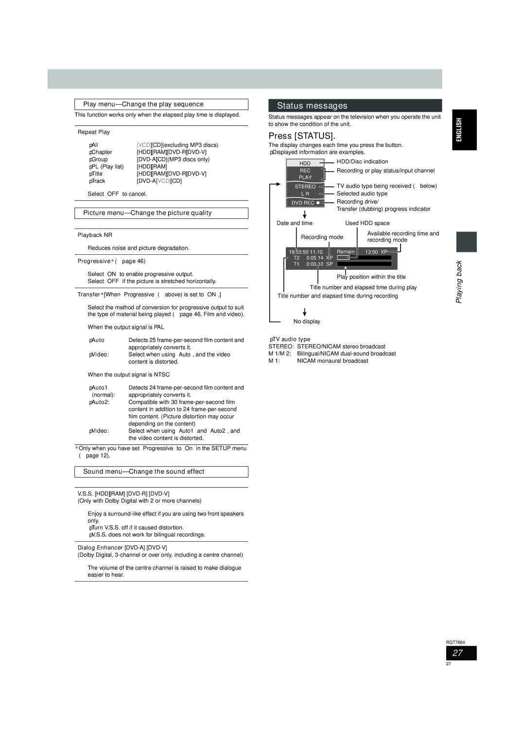 Panasonic DMR-E85H Status messages, Press Status, Play menu-Change the play sequence, Sound menu-Change the sound effect 