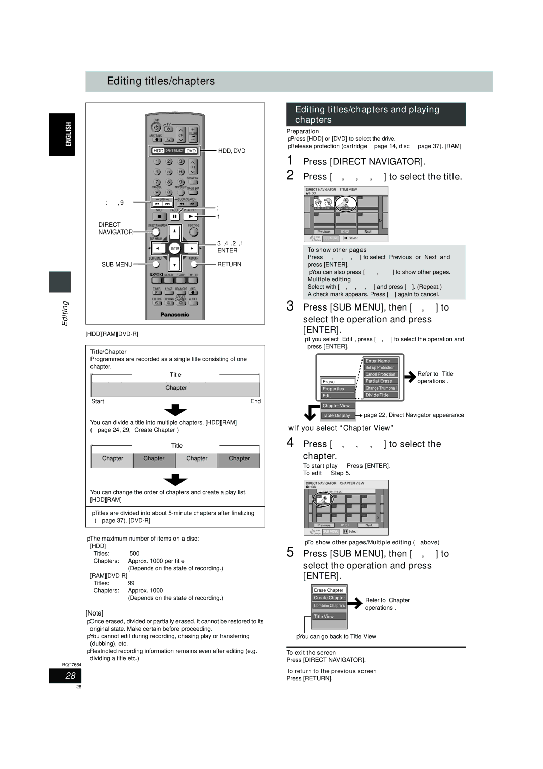 Panasonic DMR-E85H Editing titles/chapters and playing chapters, Press 3, 4, 2, 1 to select the chapter 