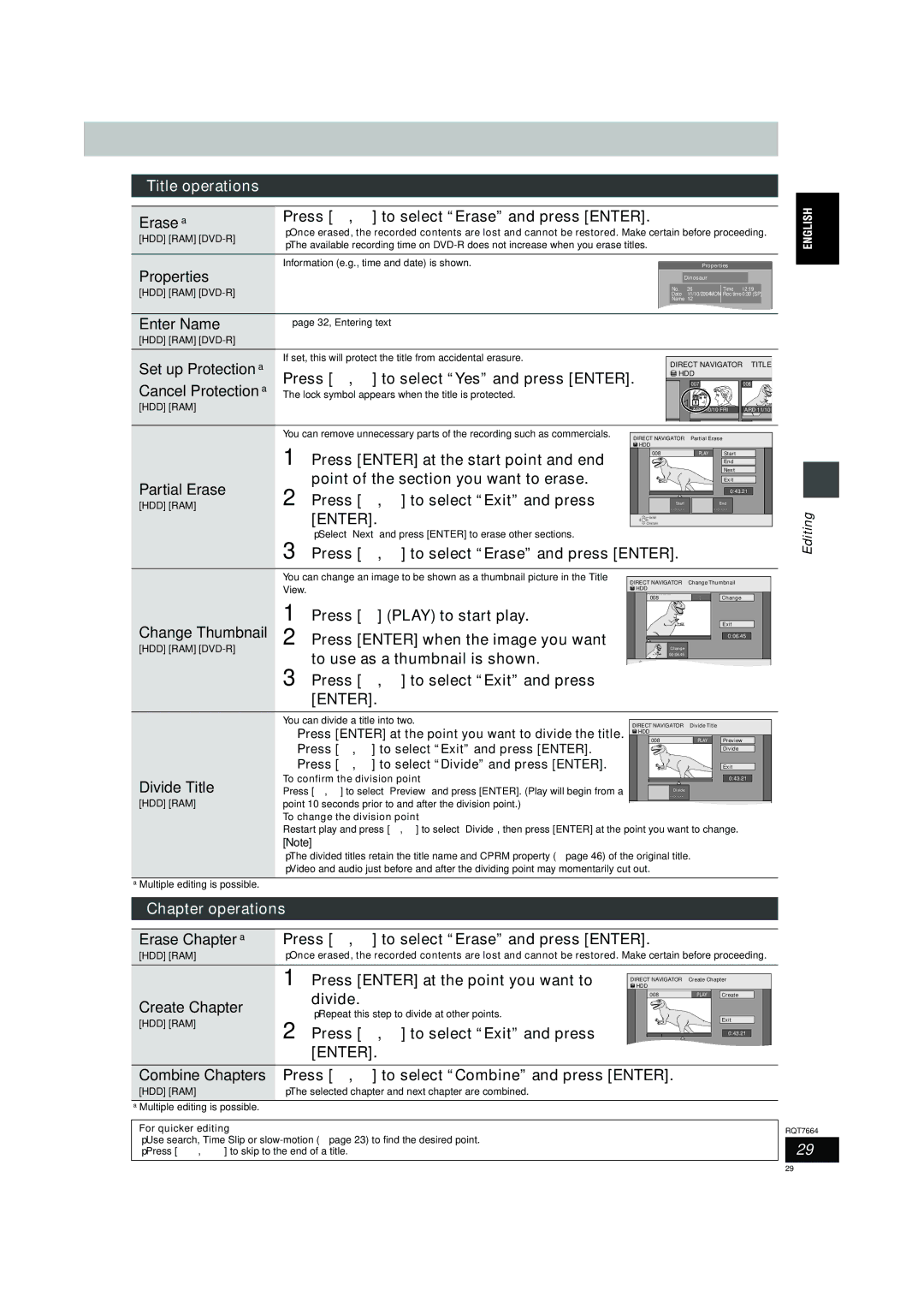 Panasonic DMR-E85H Title operations, Set up Protection §, Press 2, 1 to select Yes and press Enter, Partial Erase 