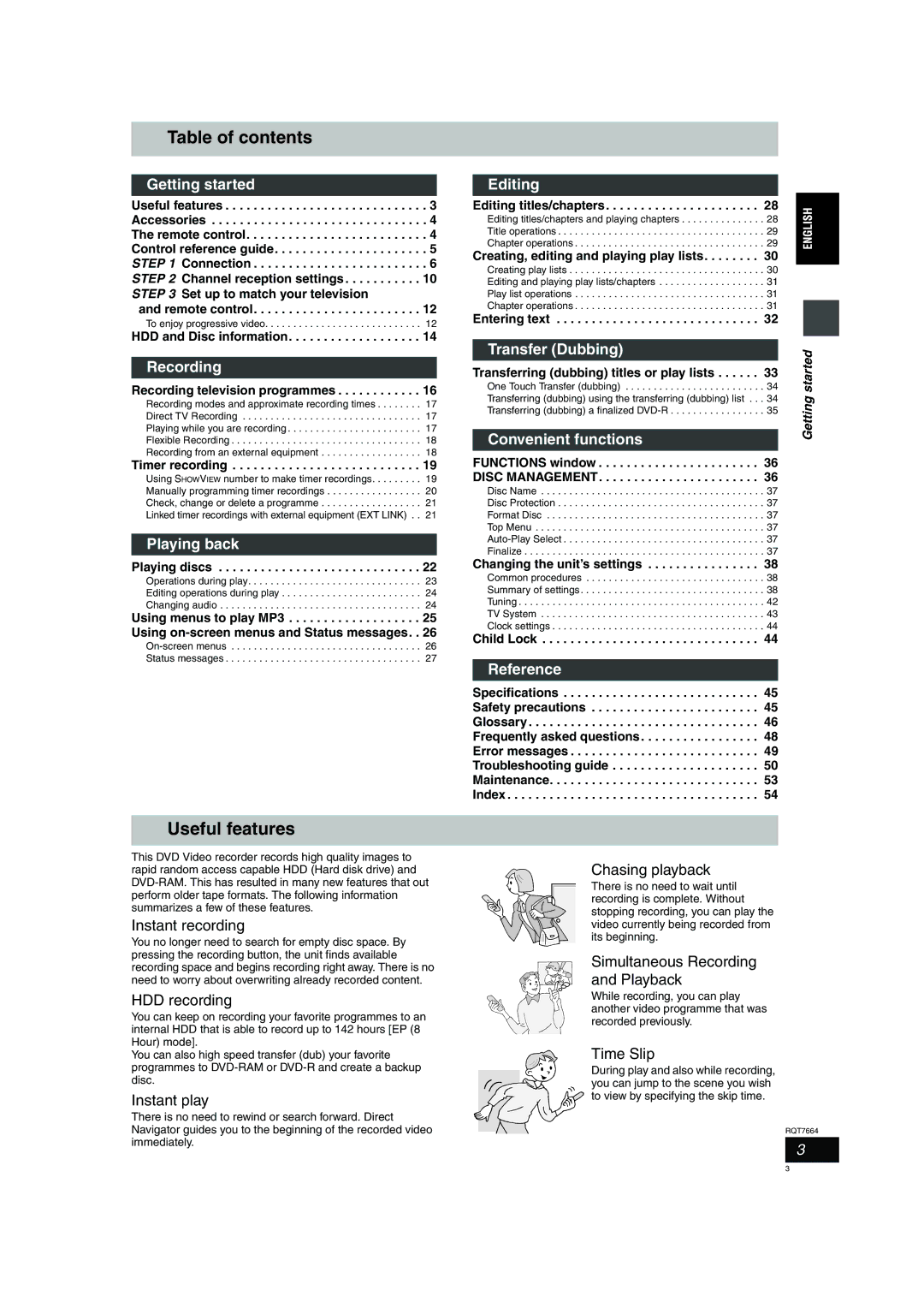 Panasonic DMR-E85H operating instructions Table of contents, Useful features 