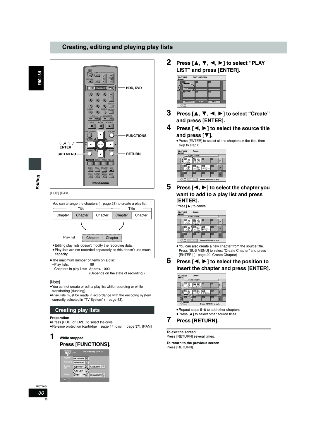 Panasonic DMR-E85H Creating, editing and playing play lists, Press 3, 4, 2, 1 to select Play List and press Enter 