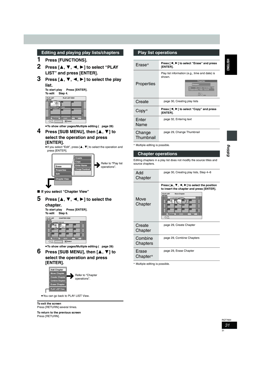 Panasonic DMR-E85H operating instructions Editing and playing play lists/chapters, Play list operations, Move, Chapter 