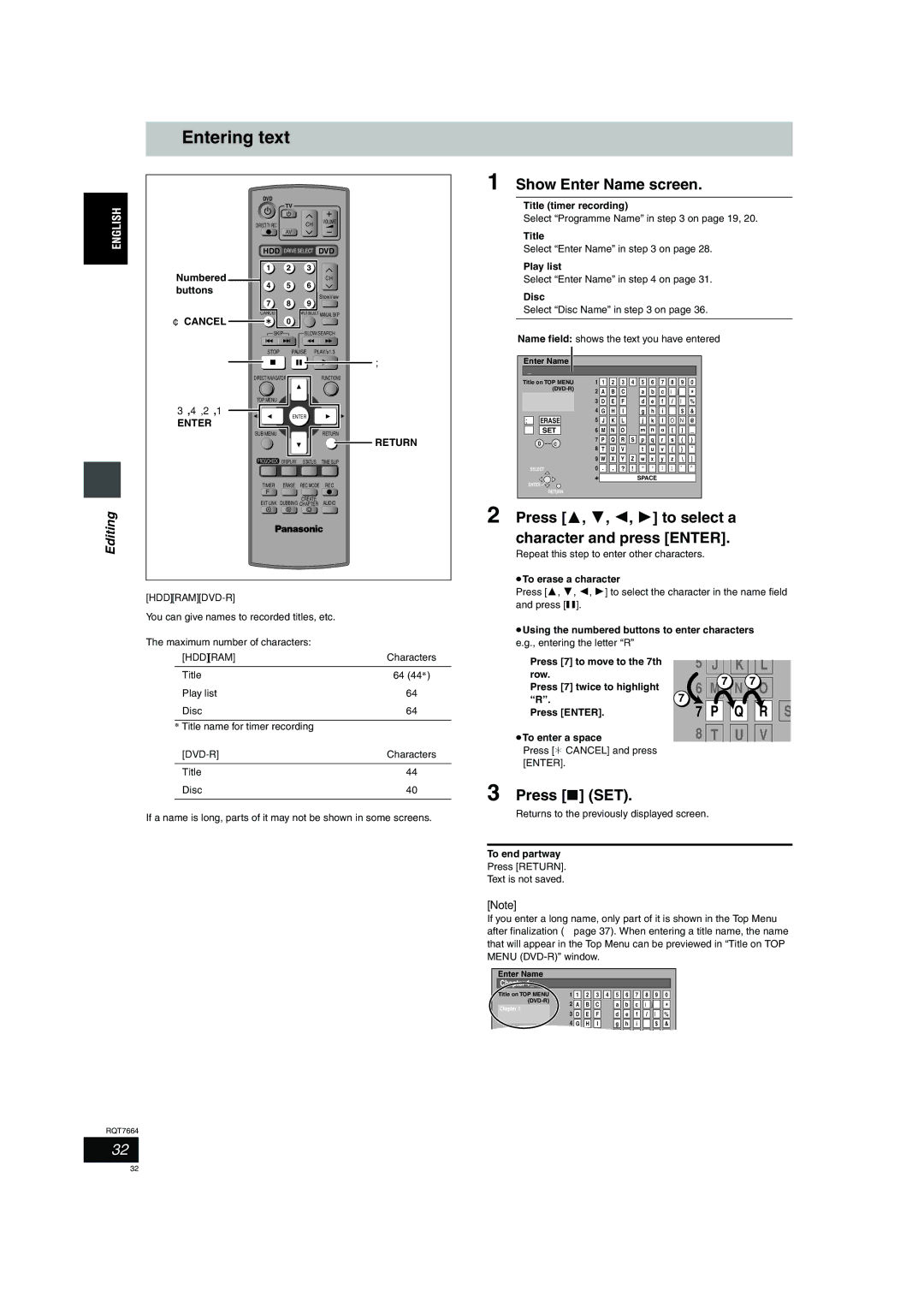 Panasonic DMR-E85H Entering text, Show Enter Name screen, Press 3, 4 To select a Character and press Enter, Press SET 