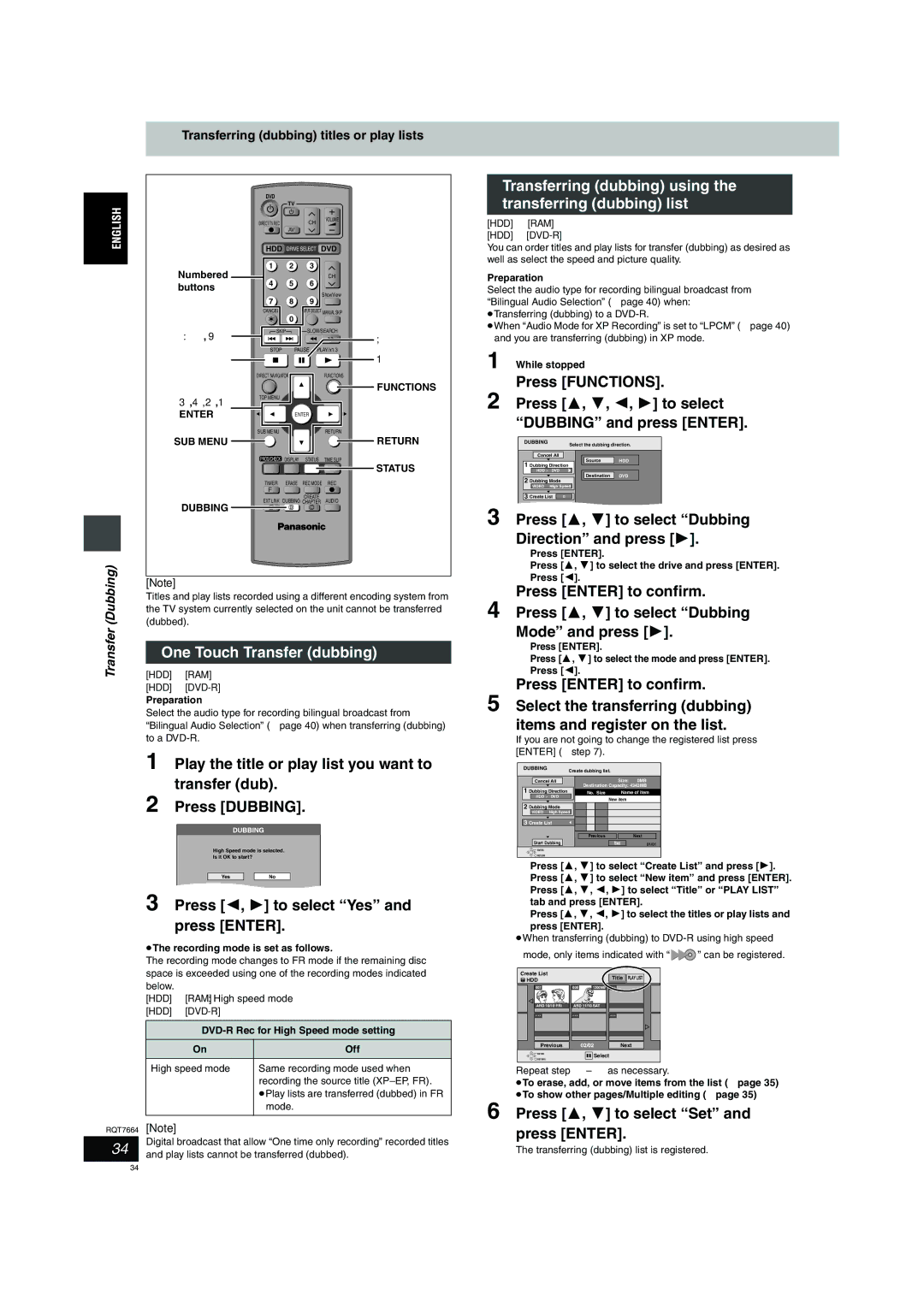 Panasonic DMR-E85H operating instructions One Touch Transfer dubbing, Press Dubbing, Press Enter to confirm 