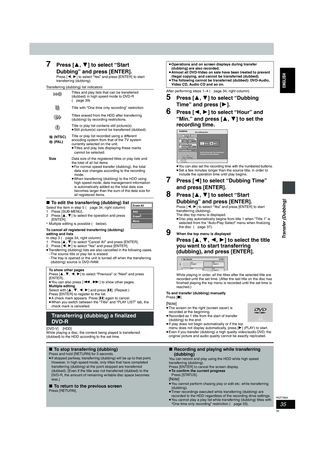 Panasonic DMR-E85H Press 3, 4 to select Start Dubbing and press Enter, Transferring dubbing a finalized DVD-R 