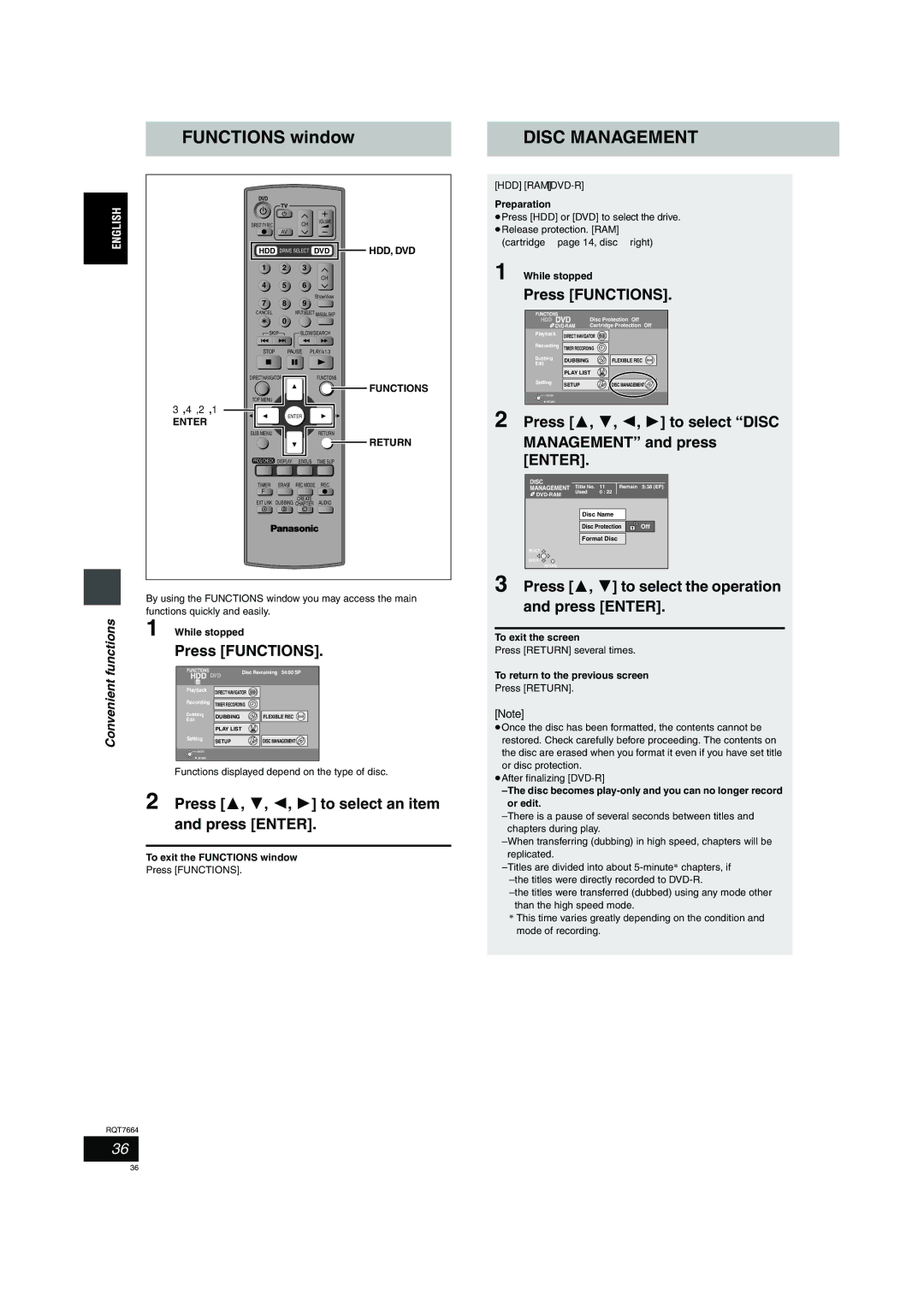 Panasonic DMR-E85H operating instructions Functions window, Press 3, 4, 2, 1 to select an item and press Enter 