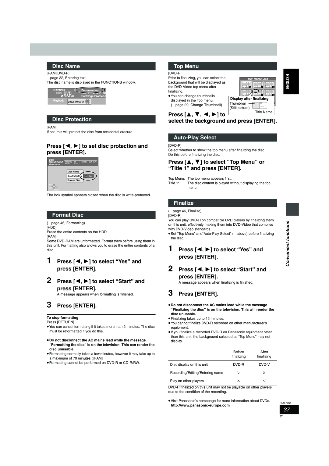 Panasonic DMR-E85H operating instructions Disc Name, Top Menu, Disc Protection, Format Disc, Auto-Play Select, Finalize 