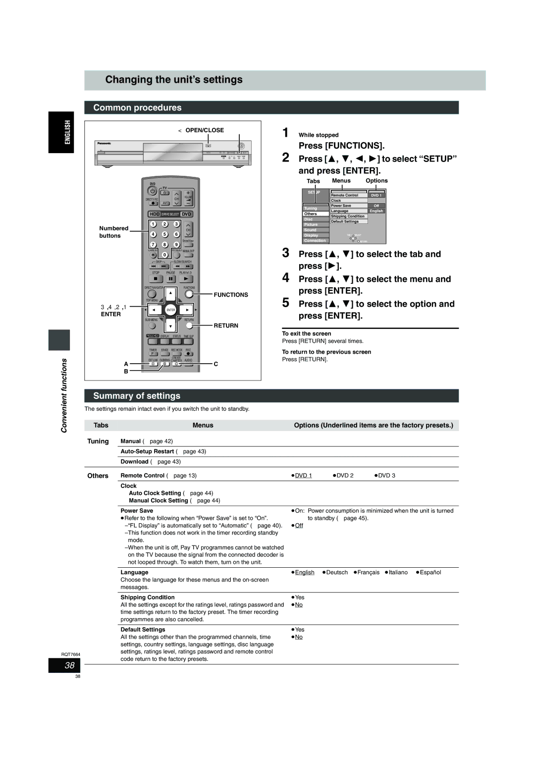 Panasonic DMR-E85H Changing the unit’s settings, Common procedures, Summary of settings, Convenient functions, Others 