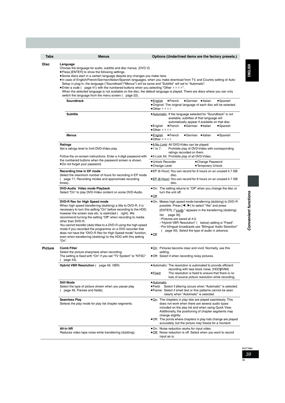 Panasonic DMR-E85H operating instructions Tabs Menus Options Underlined items are the factory presets, Picture 