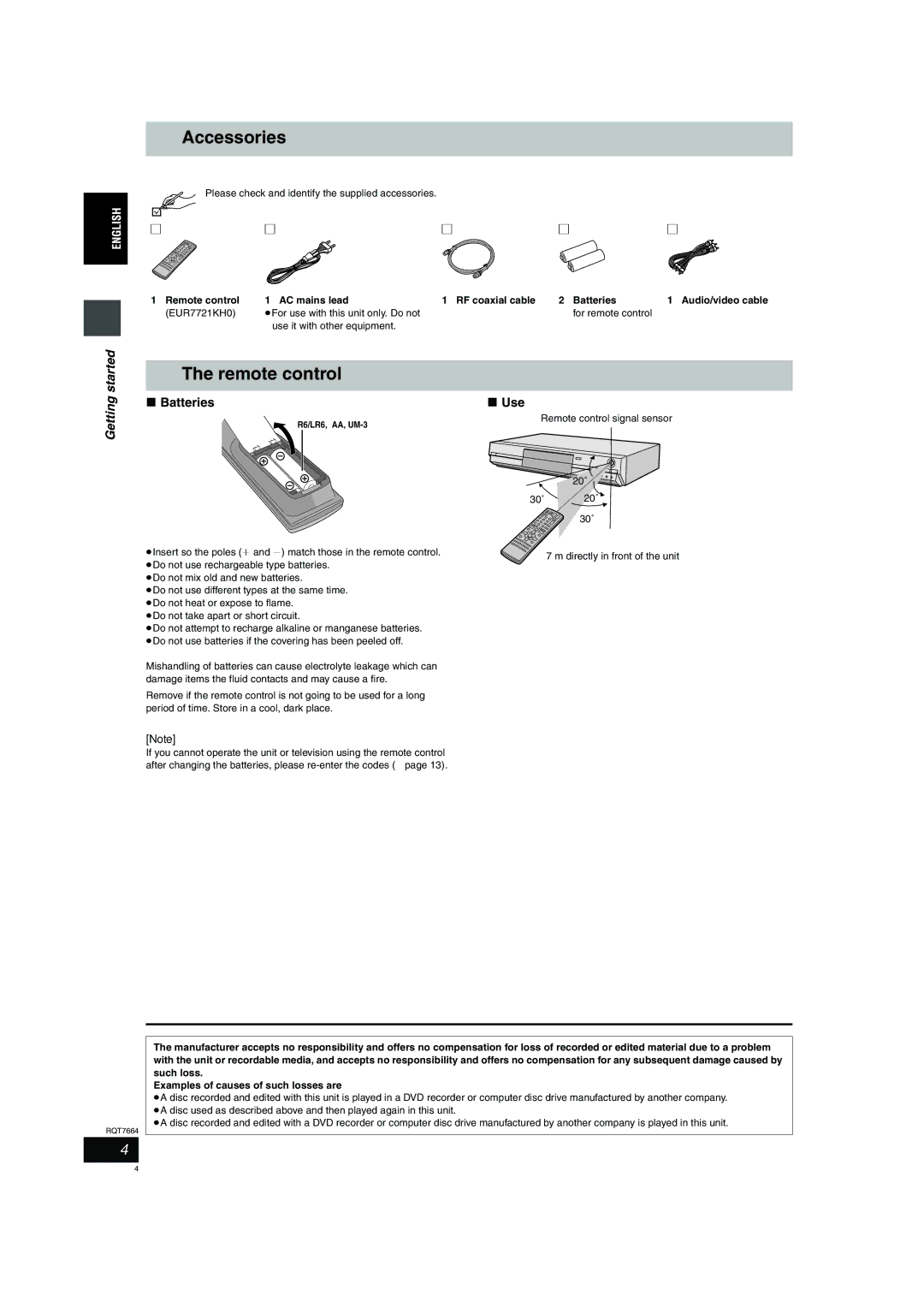 Panasonic DMR-E85H Accessories, Remote control, Batteries, Use, Please check and identify the supplied accessories 