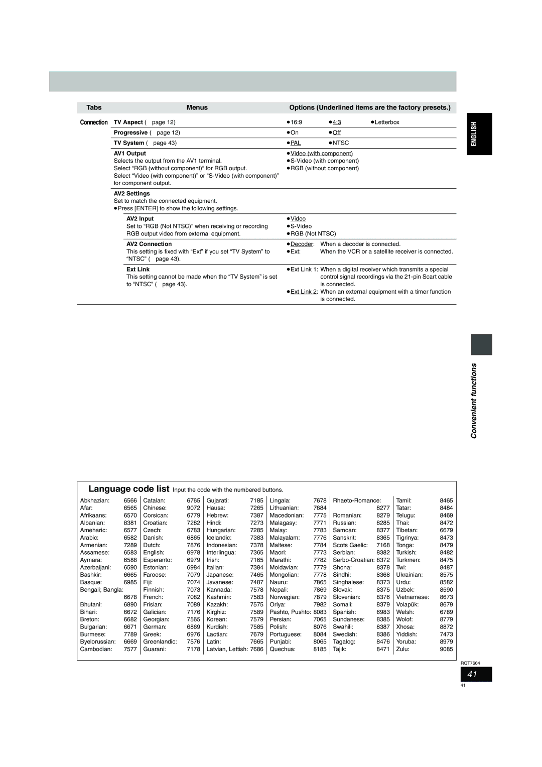 Panasonic DMR-E85H TV Aspect, Progressive, TV System, AV1 Output, AV2 Settings, AV2 Input, AV2 Connection, Ext Link 