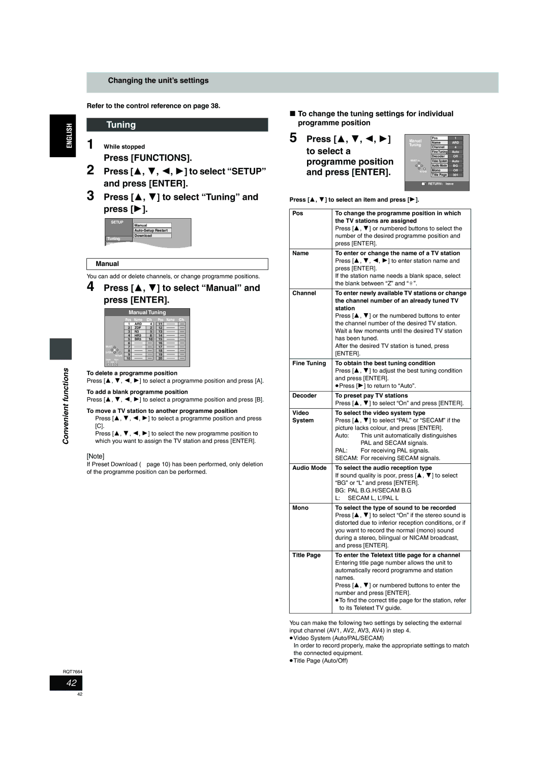 Panasonic DMR-E85H Tuning, Press 3, 4 to select Manual and press Enter, Press 3, 4, 2, Programme position 