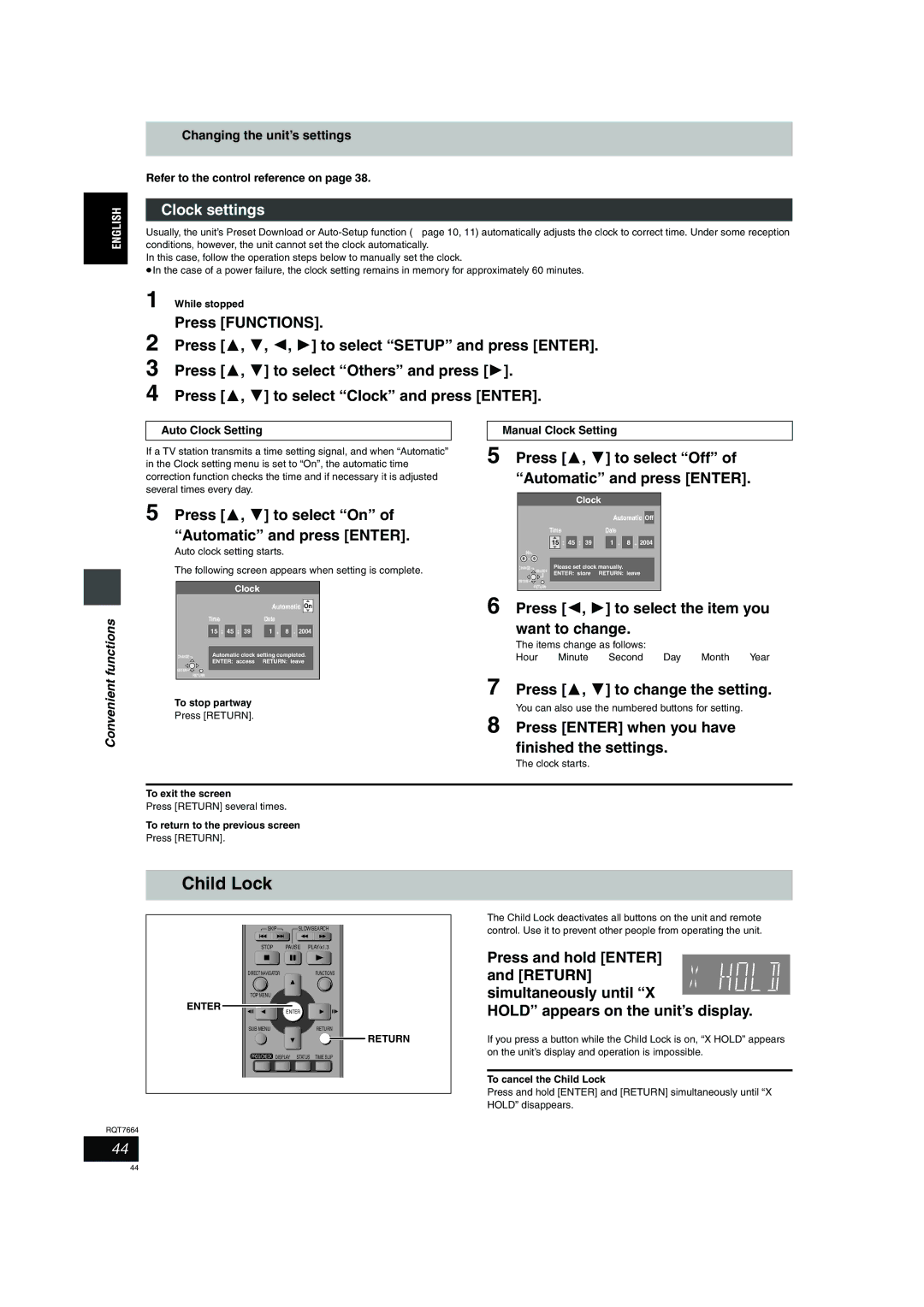 Panasonic DMR-E85H operating instructions Child Lock, Clock settings 