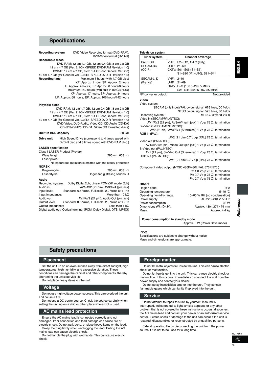 Panasonic DMR-E85H operating instructions Specifications, Safety precautions 