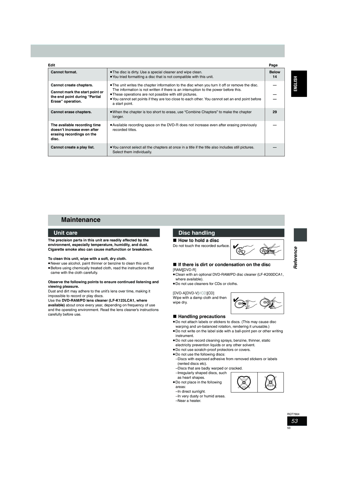 Panasonic DMR-E85H operating instructions Maintenance, Unit care, Disc handling 